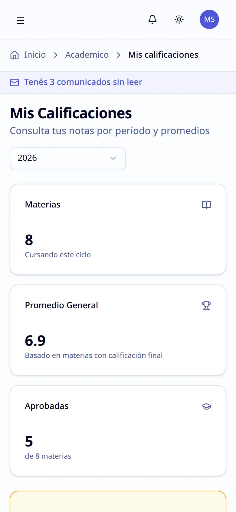 Calificaciones del alumno en el celular, con promedio general y materias aprobadas