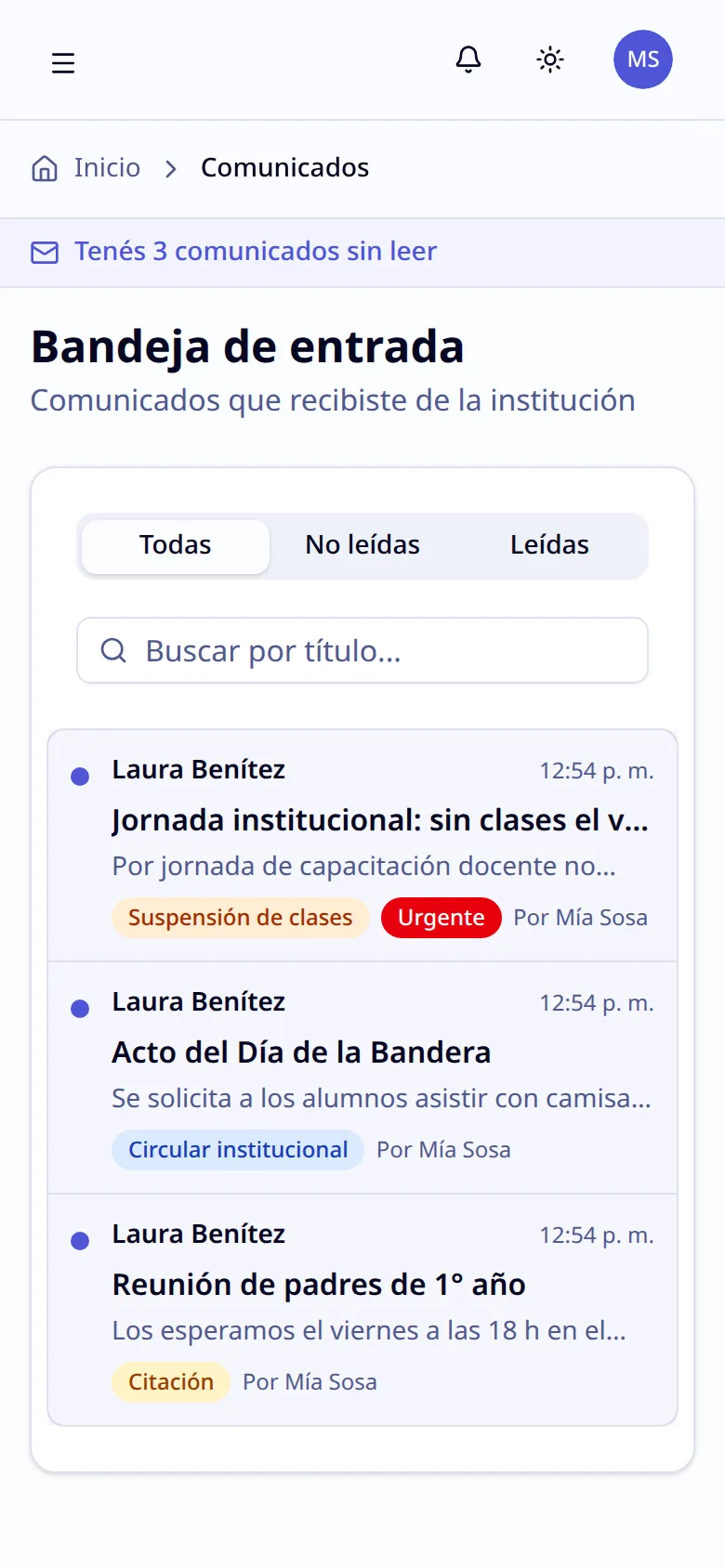 Bandeja de comunicados en el celular, con los no leídos marcados