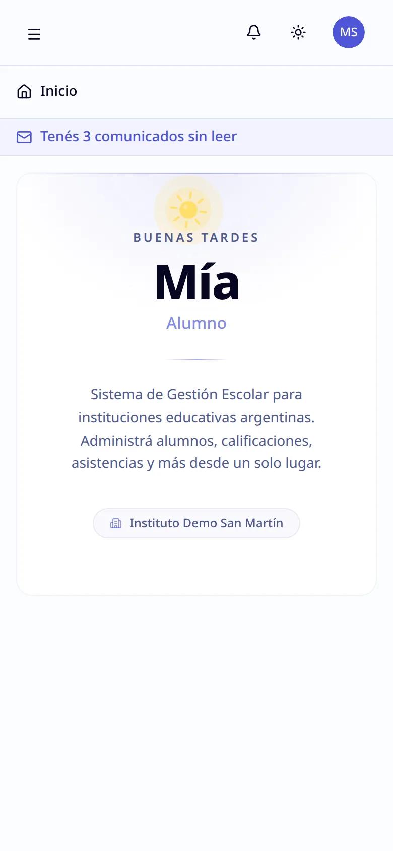 Pantalla de inicio de la app en el celular