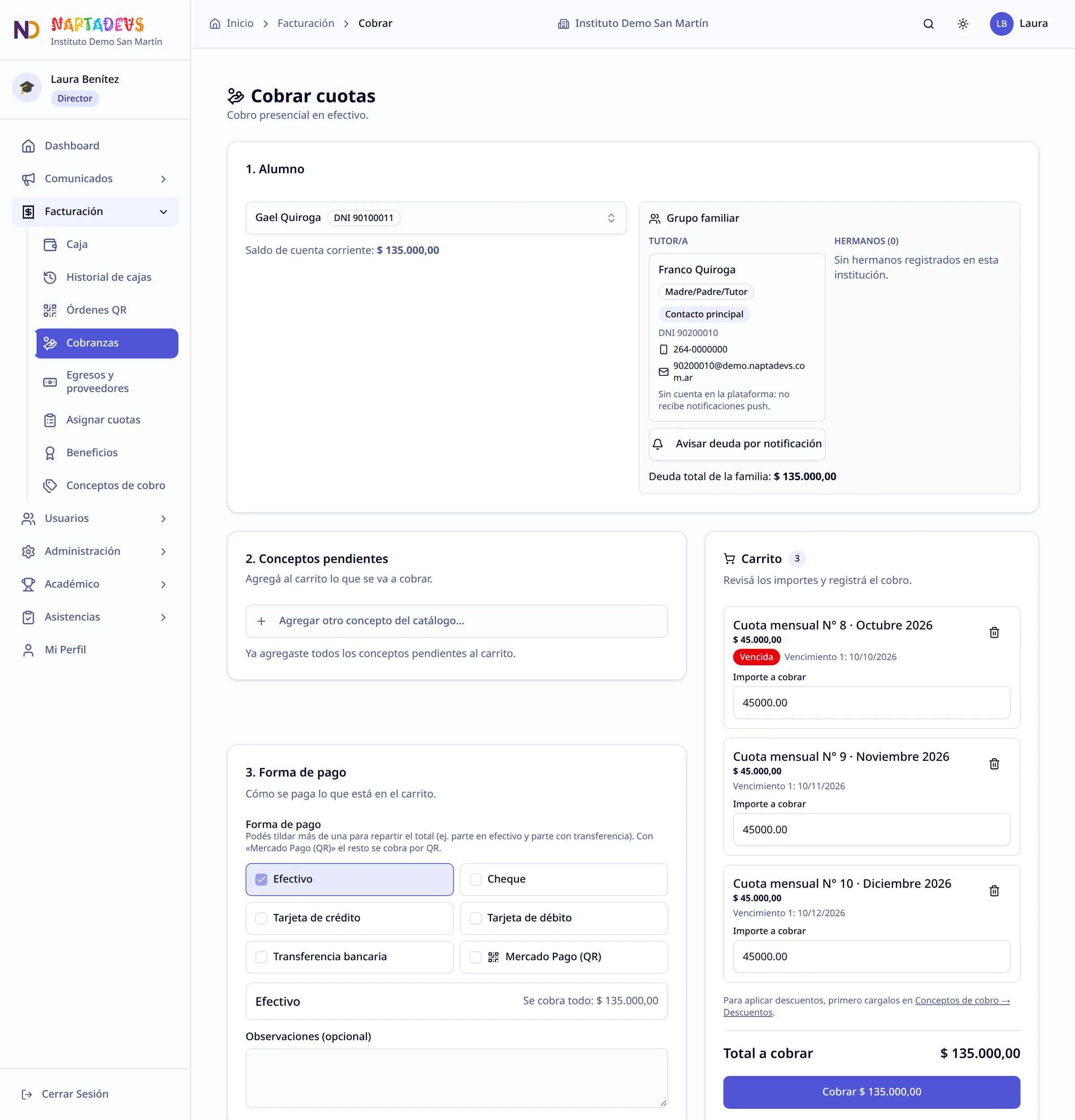 Cobrar cuotas: carrito con tres cuotas, formas de pago y total a cobrar