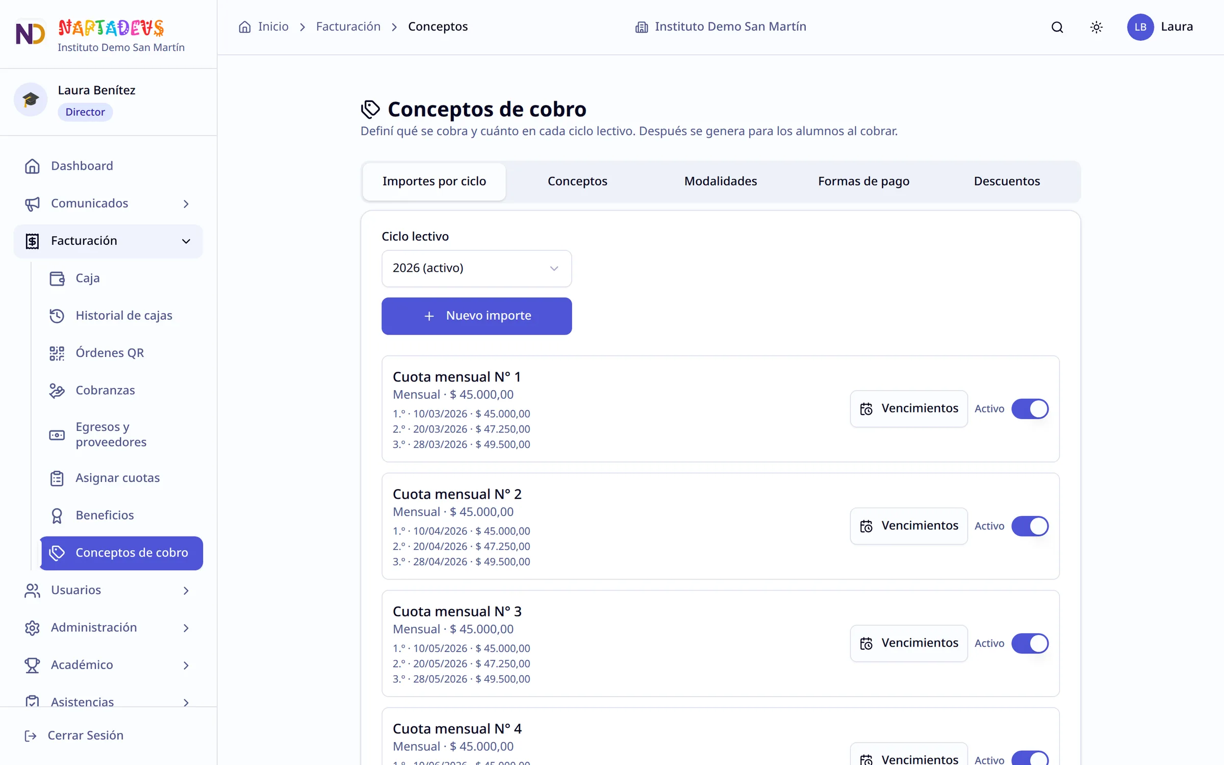 Conceptos de cobro: cuotas mensuales con tres vencimientos e importes cada una