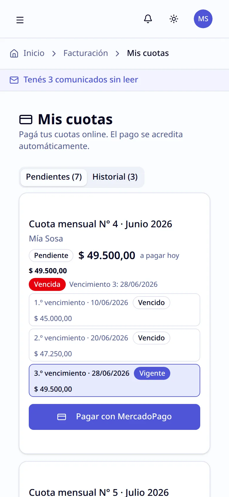 Mis cuotas en el celular: cuota pendiente con sus vencimientos y el botón Pagar con MercadoPago