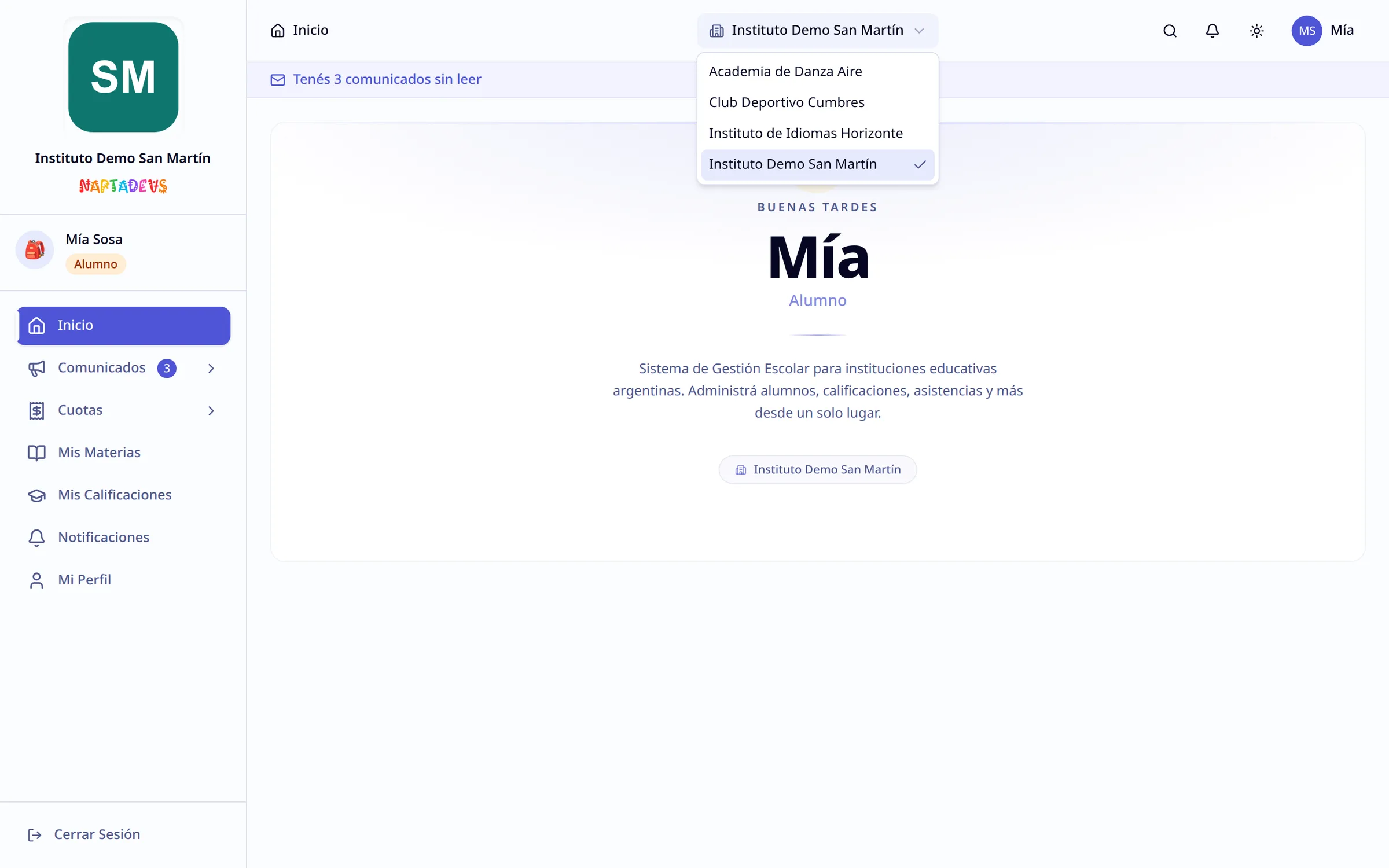 Menú de instituciones abierto en el encabezado de la app