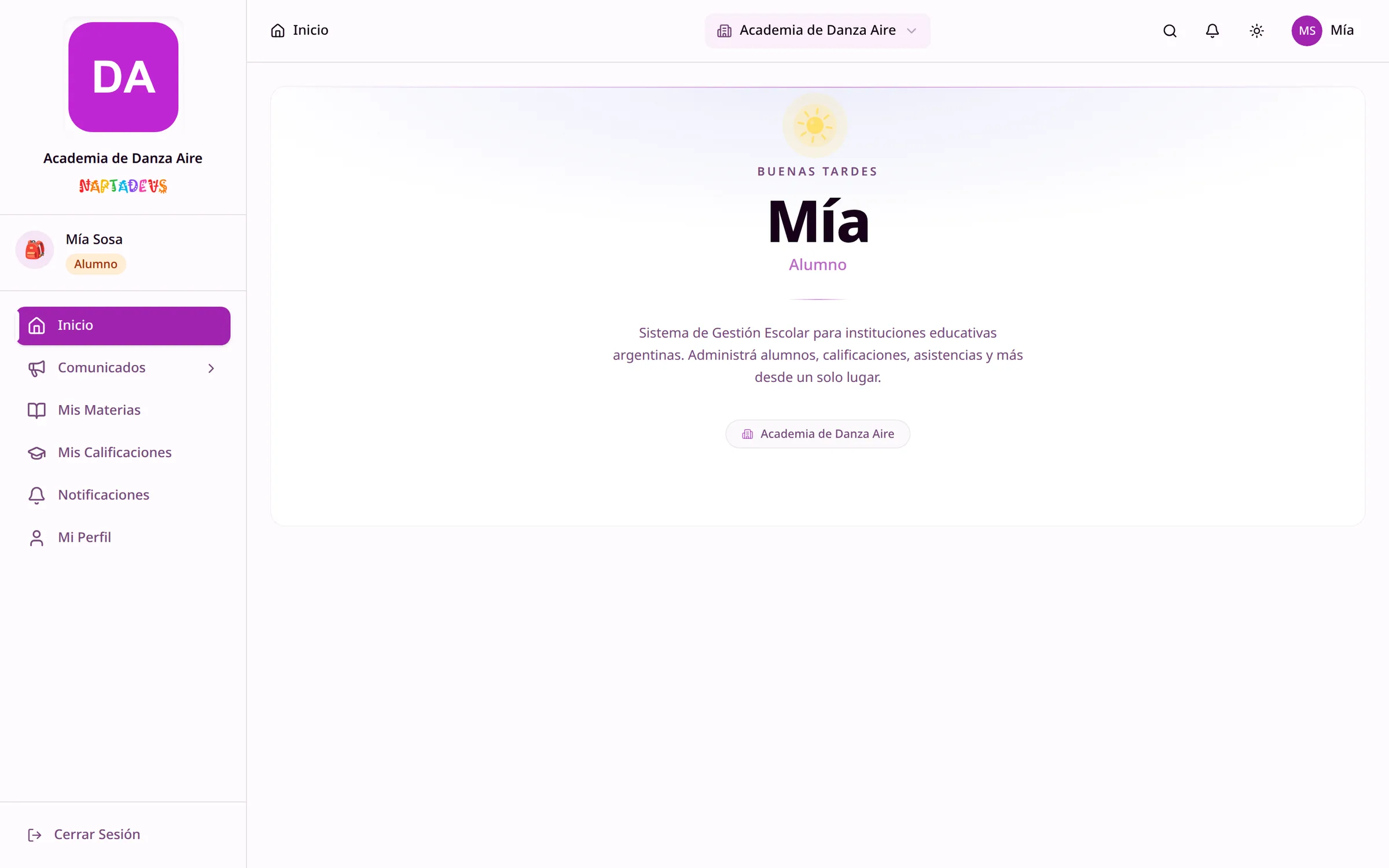 Panel de la misma alumna en la Academia de Danza Aire, con otro logo y colores fucsia