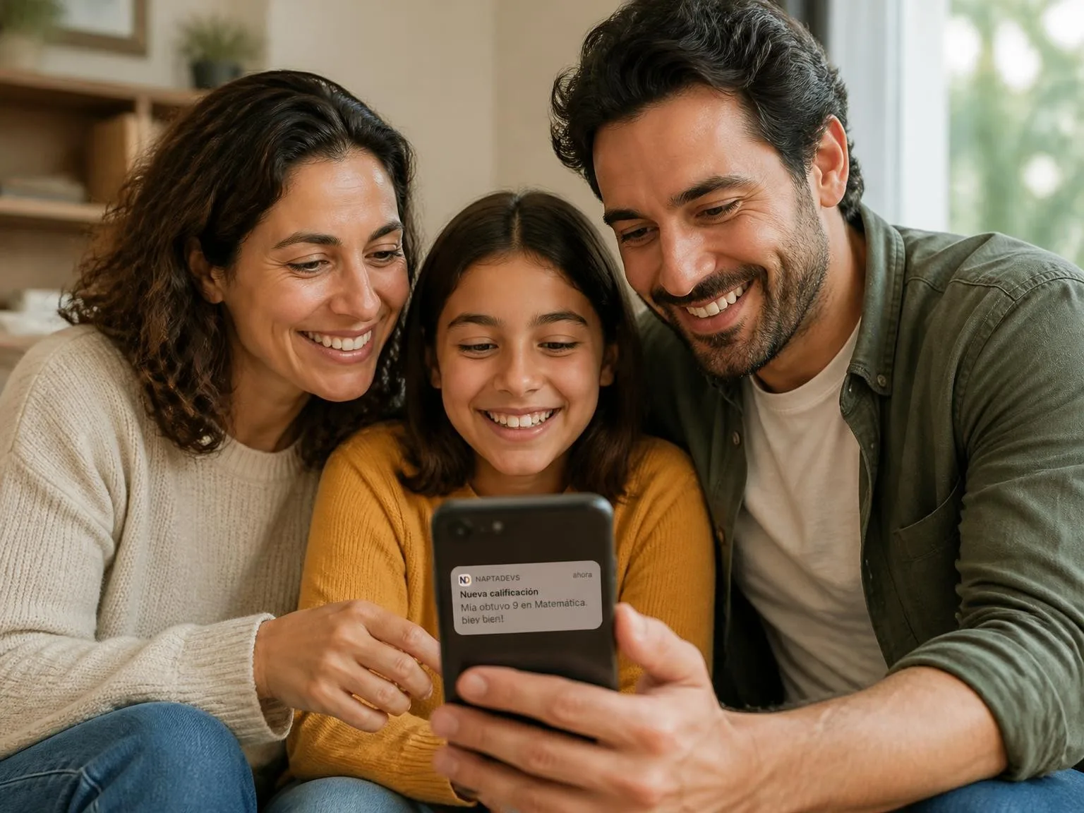 Madre, padre e hija sonríen mientras miran un celular que muestra una notificación de NaptaDevs